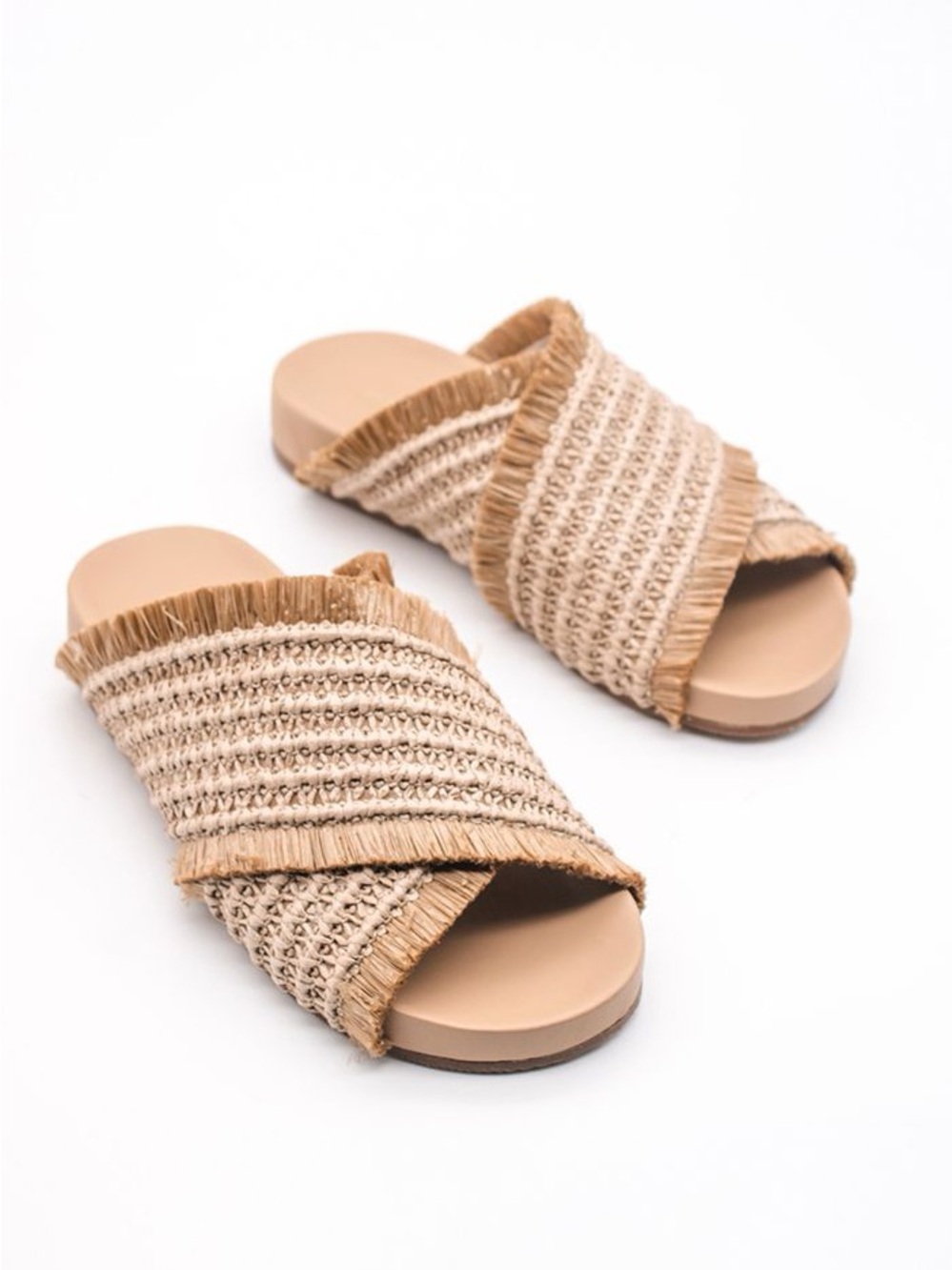 KAANAS Natural Tan Raffia & Leather Kota Crossover Pool Slide Sandals - US 8